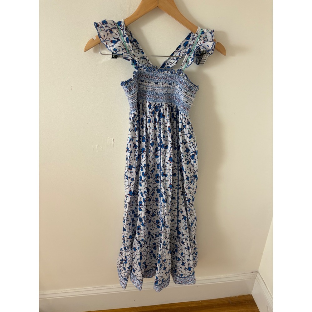 Poupette St Barth Blue Floral Smocked Ruffle Tiered Midi Sundress Vacation Boho
